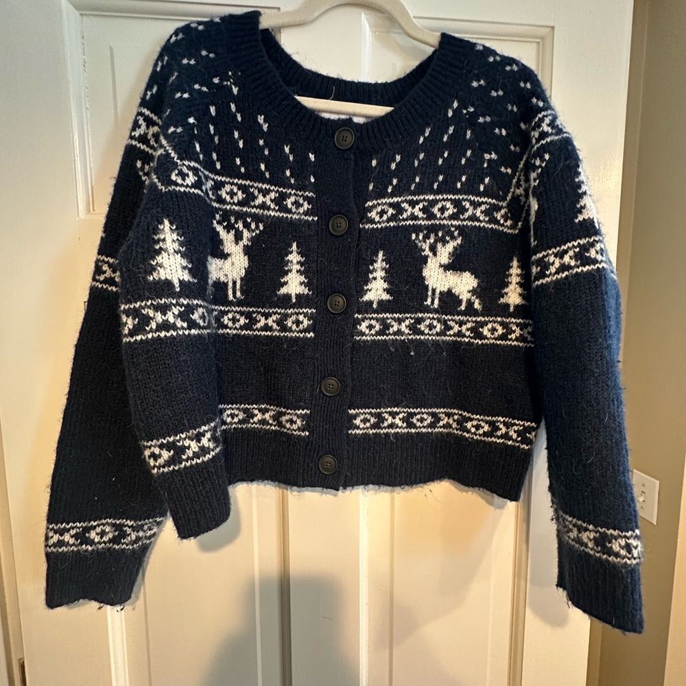 Old Navy Navy Blue Cardigan with Reindeer Pattern